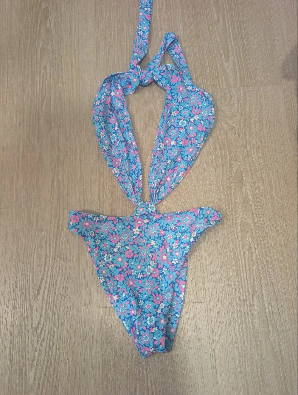 Frankies Bikinis Dorothy Blue Floral Halter One Piece Swimsuit
